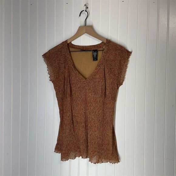 Axcess Liz Claiborne XL Micropleated Crinkle Mesh Top Brown Red Y2K Cottagecore - Picture 1 of 8